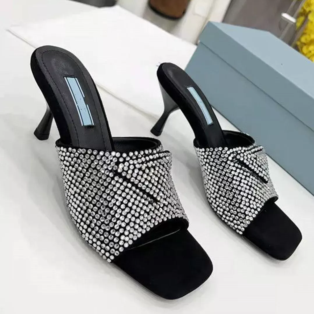 sandals Triangle LOGO Sexy Gauze Rhinestone Decorative Calico Ladies Dress Shoes Luxury Designer Smooth Leather Heel low heel elegant A4n0#