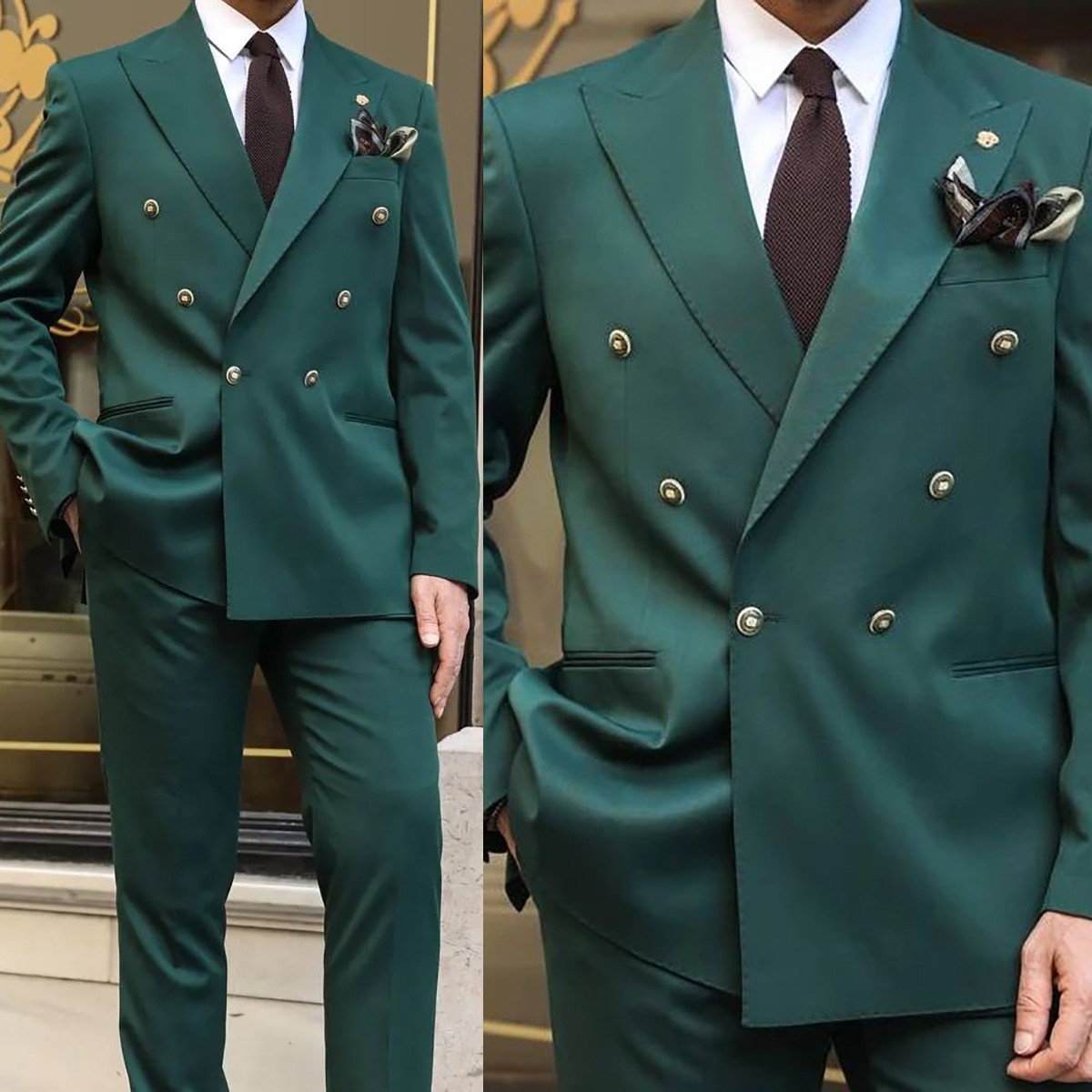 Formal 2 Pieces Wedding Tuxedos Men Suits Dark Green Peaked Lapel Double Breasted Buttons Customize Coat Pants Business Prom Party Tailored Exquisite
