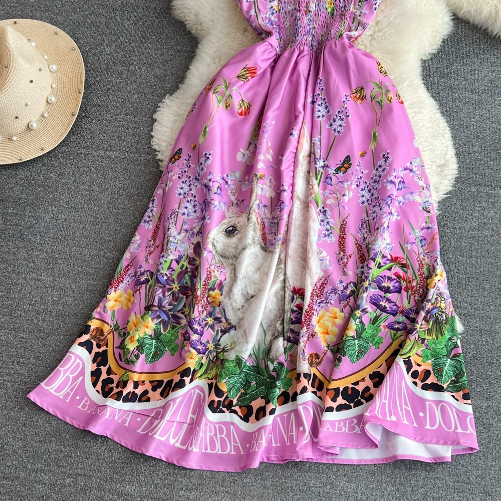 High end light luxury elegant style bra and suspender dress European and American fashion waistband show slim sleeveless A-line printed dress