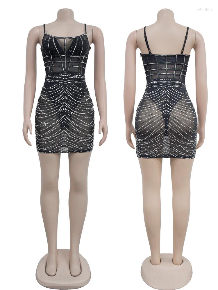 Casual Dresses IDress Women Sheer Mesh Dress Sparkle Rhinestone Strap Stretchy Bodycon Sexy Night Club Party Vestidos Summer Outfits