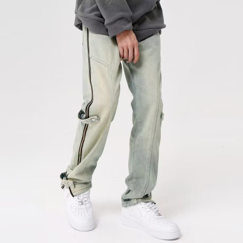 Men's Y2K Streetwear Baggy Jeans Cargo Pants Men Clothing Side Zipper Straight Washed Blue Vintage Denim Trousers Pantalon Homme 230529
