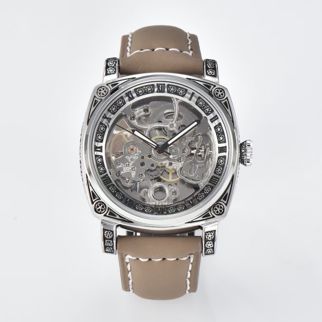 Wholesale KUERSR Brown Mens Watches retro engraving Wristwatches Automatic skeleton mechanical Leather strap waterproof ansehen