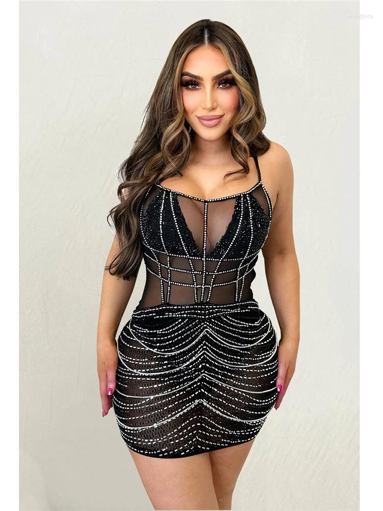 Casual Dresses IDress Women Sheer Mesh Dress Sparkle Rhinestone Strap Stretchy Bodycon Sexy Night Club Party Vestidos Summer Outfits