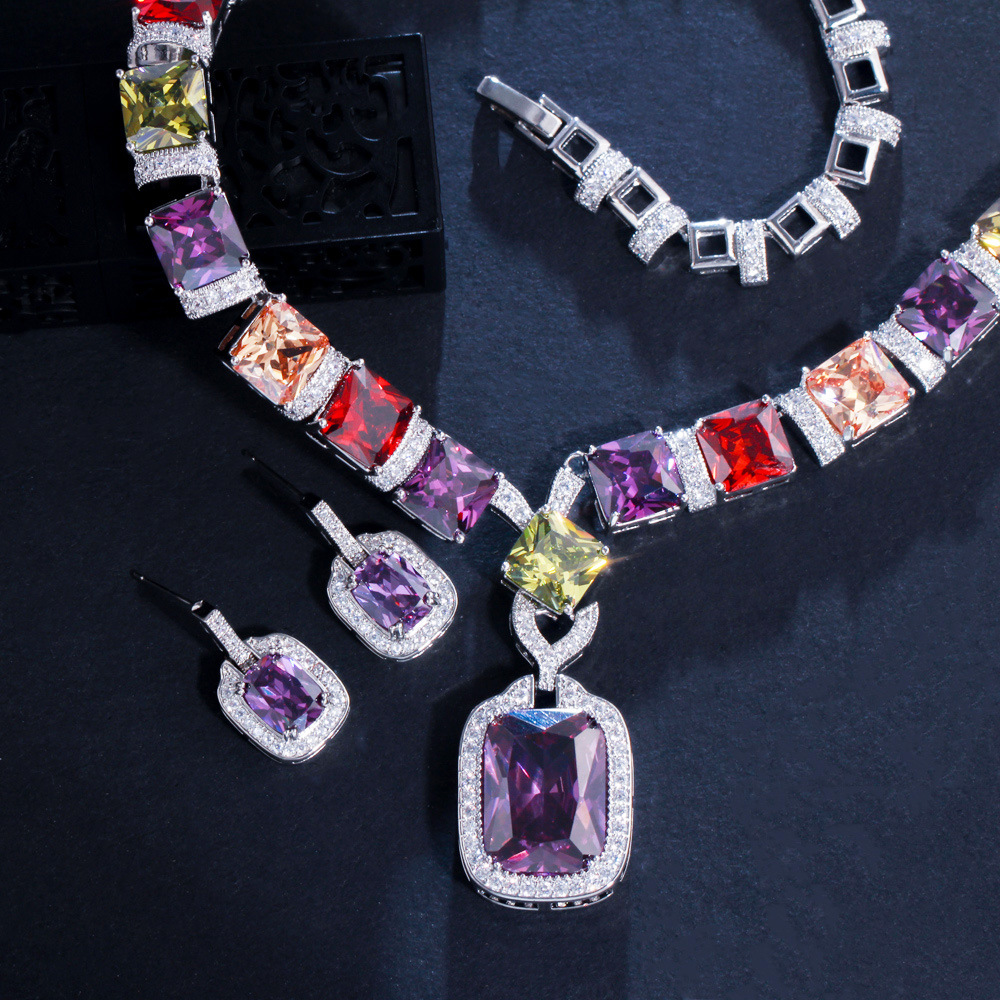 Trendy Colorful Lab Diamond Jewelry set White Gold Filled Party Wedding Earrings Necklace For Women Bridal Engagement Jewelry