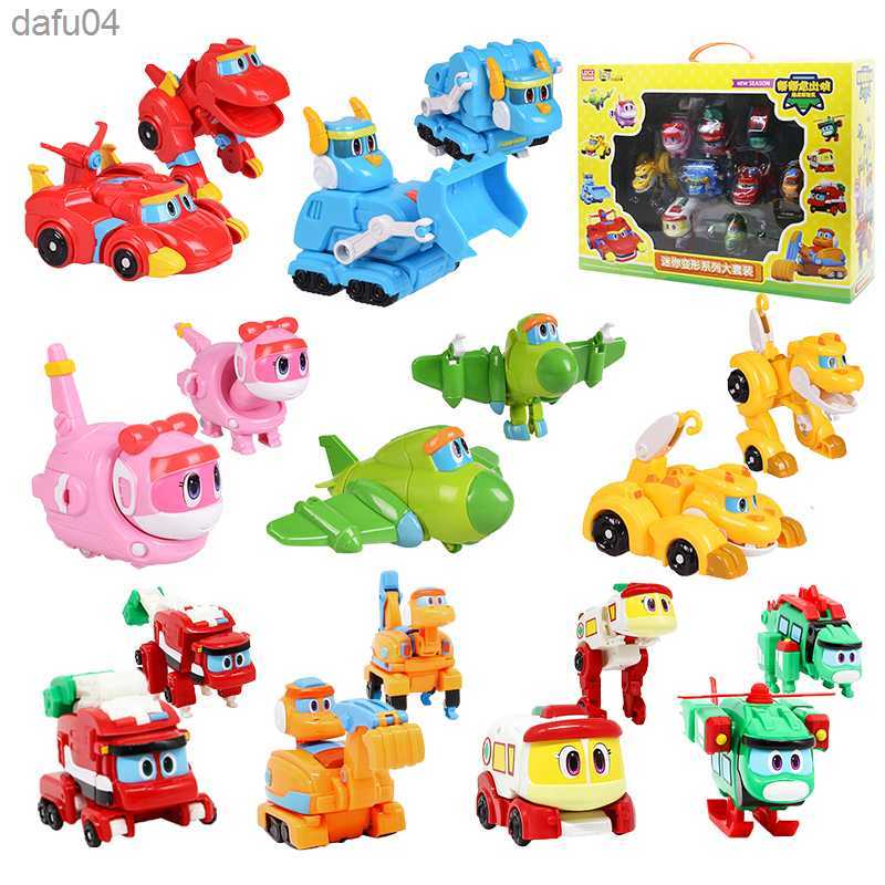 Anime Manga 9pcs/set Min Gogo Dino Deformation Robot to Dinosaur Toy Action Figures Transformation Car Airplane Motorboat Crane toys L230522