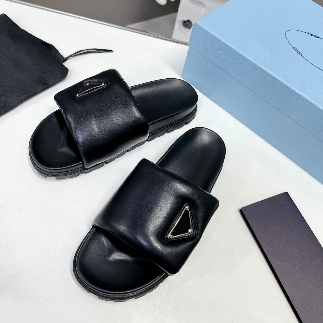Soft padded nappa leather slippers slides Summer Sandals slip on triangle logo flats shoes women's luxury designer factory footwear, Black
Soft padded nappa leather slippers slides Summer Sandals slip on triangle logo flats shoes women's luxury designer factory footwear, Black