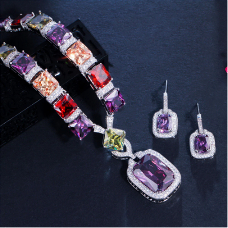 Trendy Colorful Lab Diamond Jewelry set White Gold Filled Party Wedding Earrings Necklace For Women Bridal Engagement Jewelry