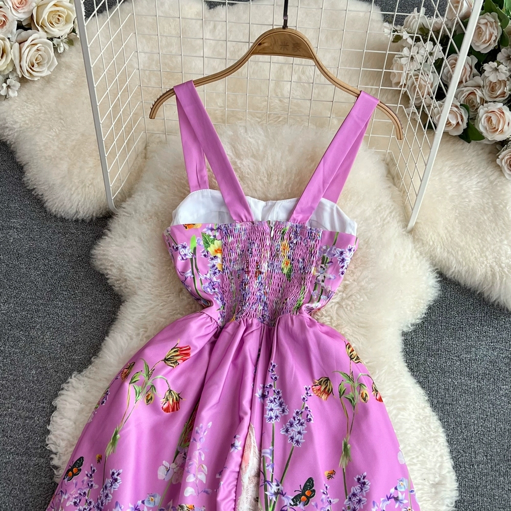 High end light luxury elegant style bra and suspender dress European and American fashion waistband show slim sleeveless A-line printed dress