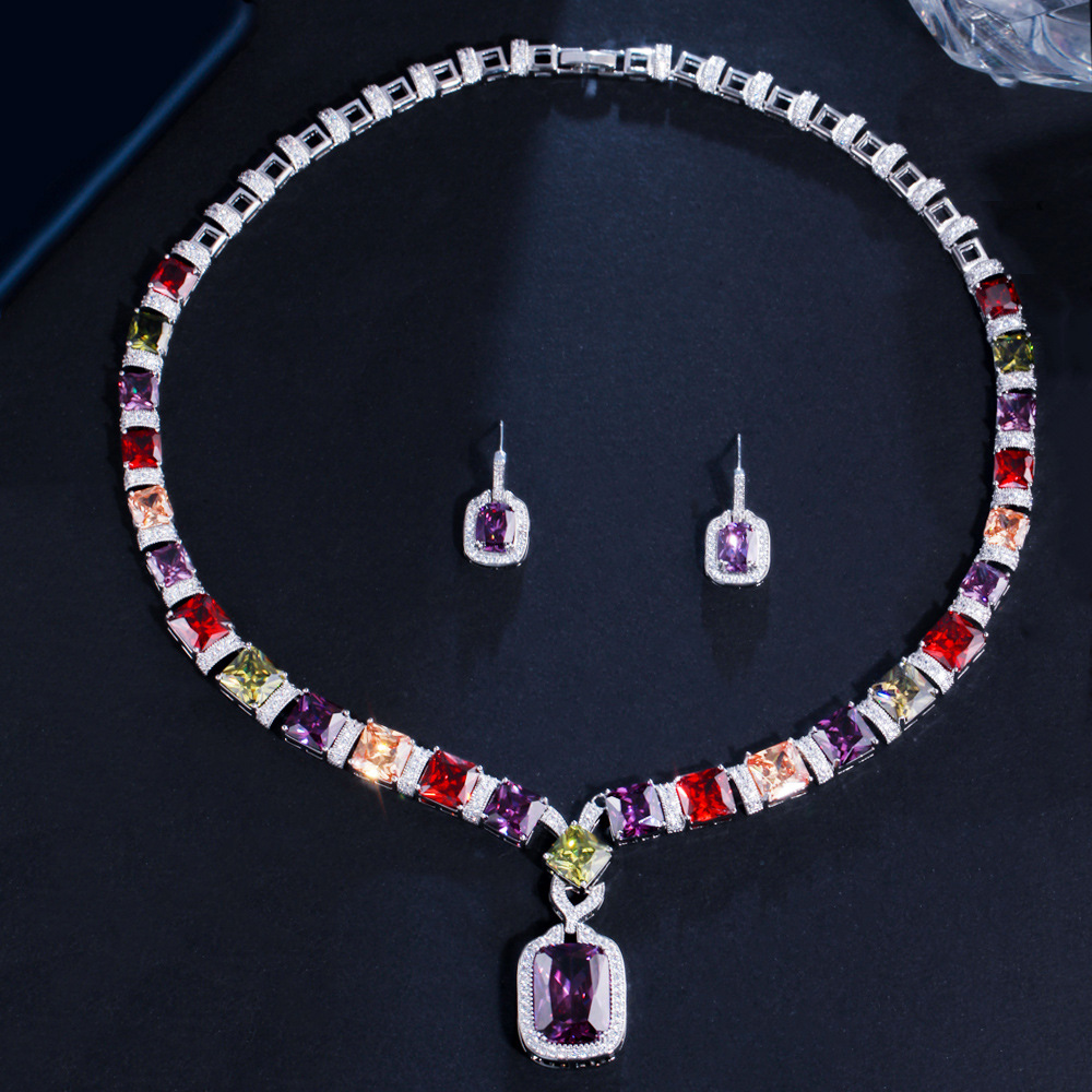 Trendy Colorful Lab Diamond Jewelry set White Gold Filled Party Wedding Earrings Necklace For Women Bridal Engagement Jewelry