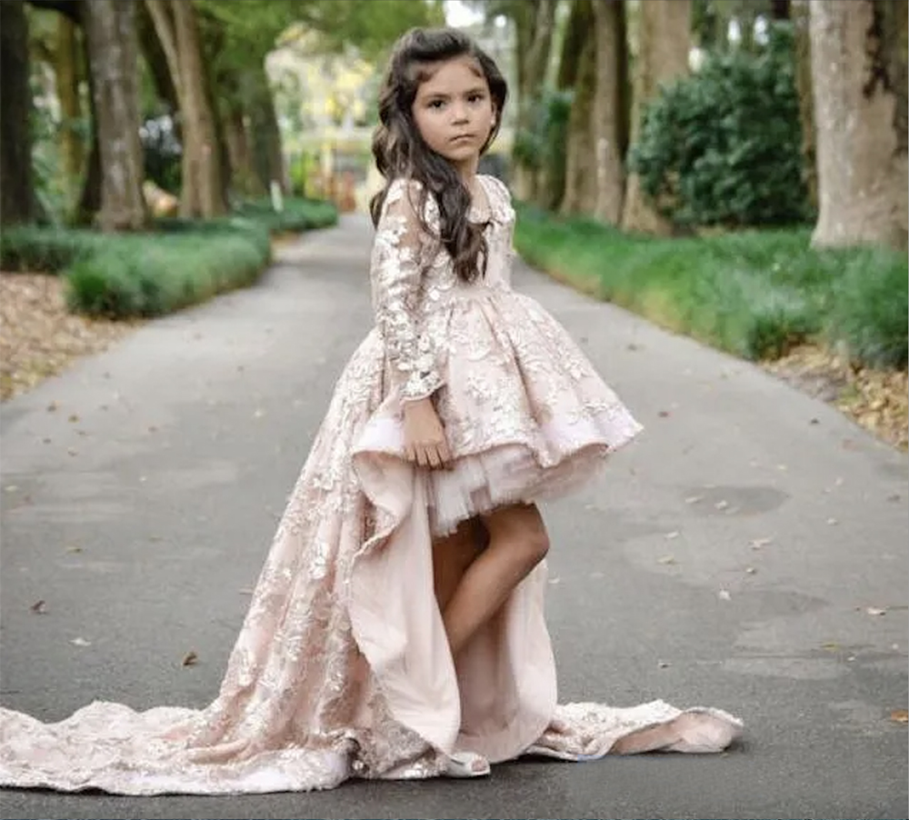 2023 Pink High Low Long Sleeve Flower Girl Dresses V Neck Lace Applique Ruffles Girls Pageant Gowns Children A Line Kids Prom Party Dres 0509