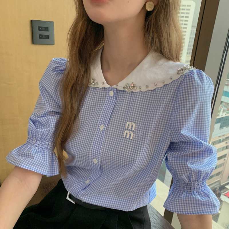 Summer blouse designer shirt women fashion letter embroidery bubble short sleeved top lapel rhinestone cardigan shirts, Blue
Summer blouse designer shirt women fashion letter embroidery bubble short sleeved top lapel rhinestone cardigan shirts, Blue