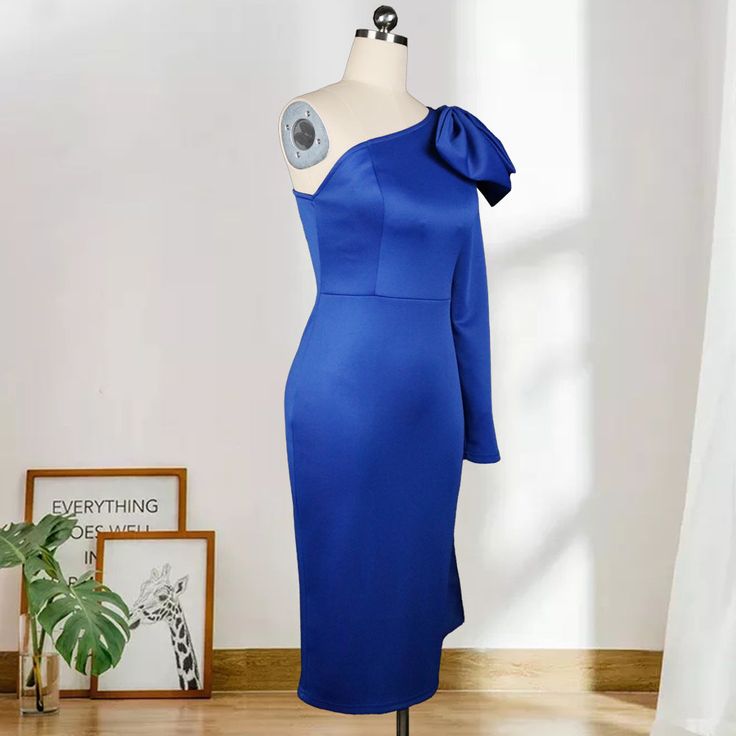 One Shoulder Royal Blue Evening Dress 2023 With Big Bow Chic Tight Knee Length Prom Dress For Black Girls Elegant Orange Party Vestidos De Noche Cockt