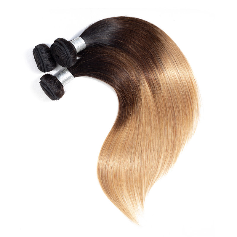 1B/4/27 ThreeTones Color 3 Bundles With 4X4 Lace Closure Brazilian 100% Human Hair Extensions Straight Free Part 10-30inch