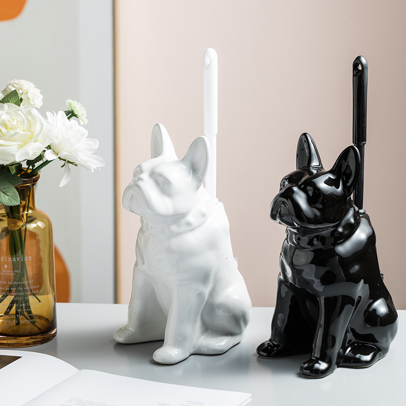 Pot Racks Ceramic Dog Toilet Brush Holder French Bulldog Black and White Cartoon Storage Bathroom Accessories 230625