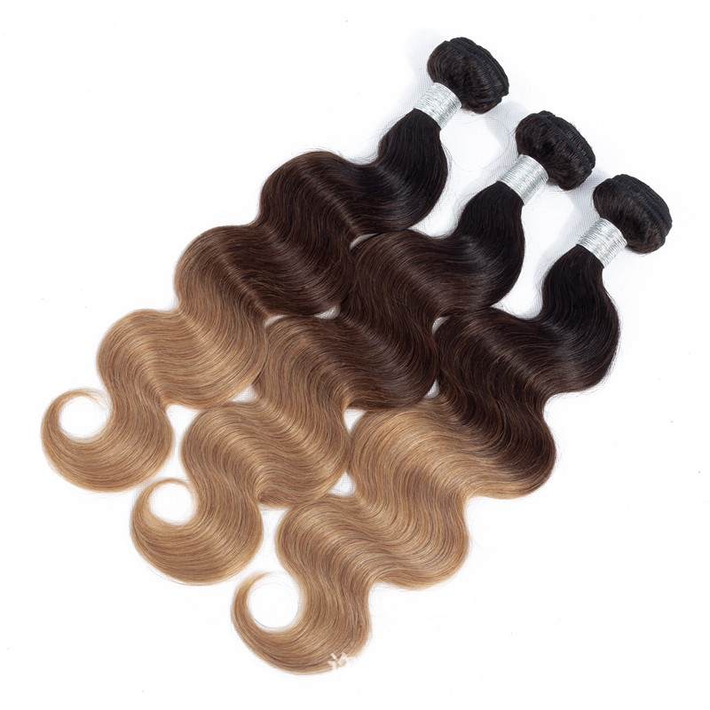 Yirubeauty Indian Virgin Human Hair Extensions 1B/4/27 Three Tone Color 10-30inch Body Wave 3 Bundles With 13X4 Lace Frontal Free Part