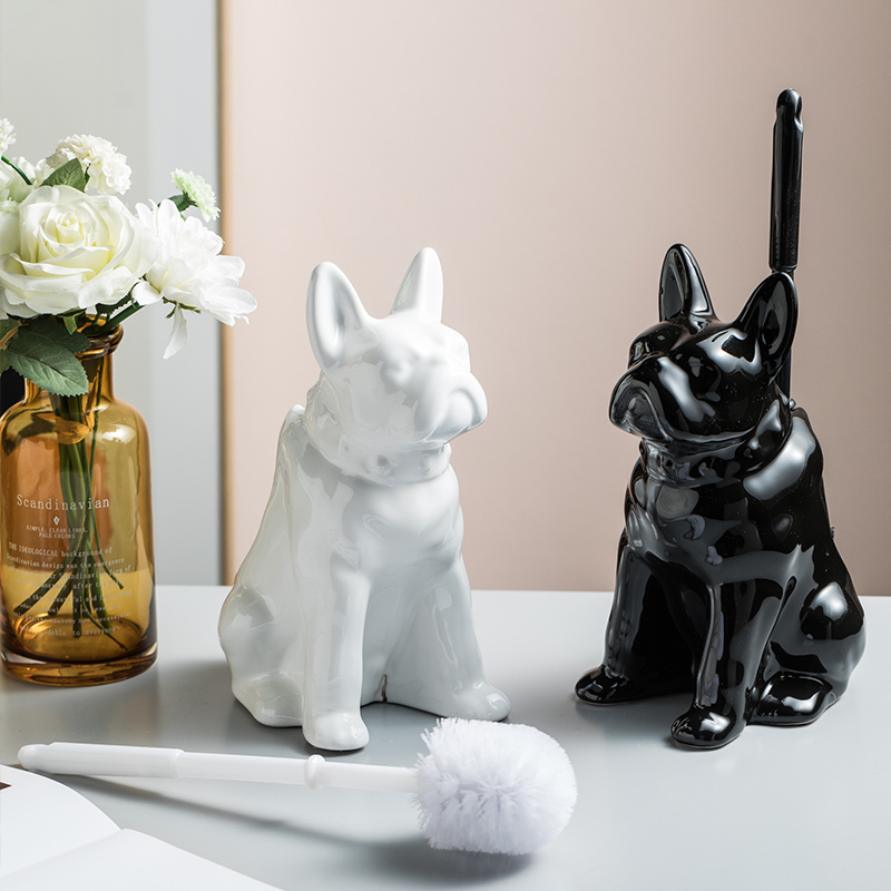 Pot Racks Ceramic Dog Toilet Brush Holder French Bulldog Black and White Cartoon Storage Bathroom Accessories 230625
