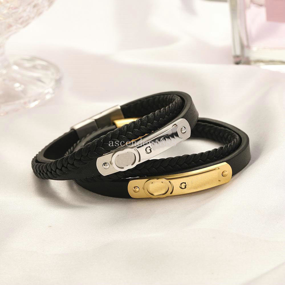 Designer Jewelry Black Leather Bracelets Men Charm Bracelet Women Designer Bracelet Brand Letter Fashion Gift Gold Silver