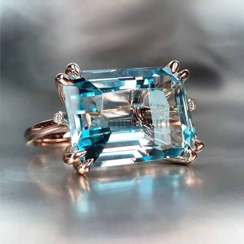 Band Rings 4 Claw Aquamarine Sapphire Natural Stone Rings for Women Horizontal Rectangular Ring Wedding Party Jewelry Gift Anillos Mujer J230531
