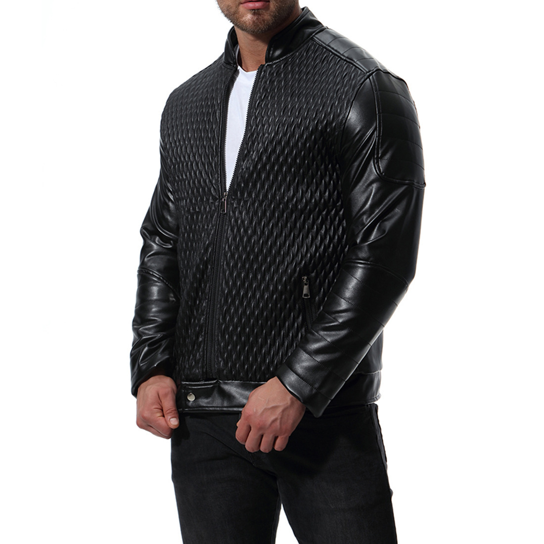 Casual plus size men polyester stand collar zipper red leather biker jacket