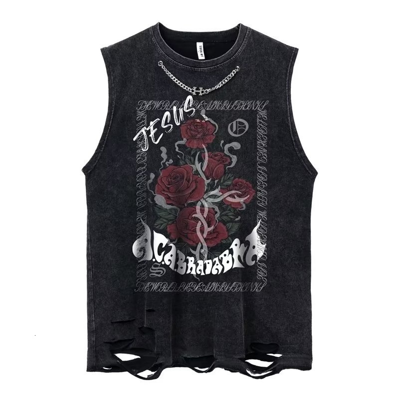 Men's Tank Tops Summer Men Fashion Washed Sleeveless Tshirts Hip Hop Letter Graphic Print Gothic Vests Streetwear Harajuku Cotton Tank Tops 23053