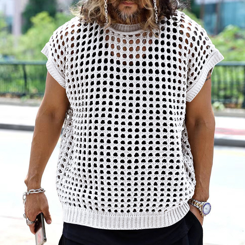 Men's Tank Tops Vintage Hollow Out Sleeveless Knit T Shirt Mens Summer Fashion Solid Loose O Neck Sleeveless Knitting Tank Tops Streetwear 230531