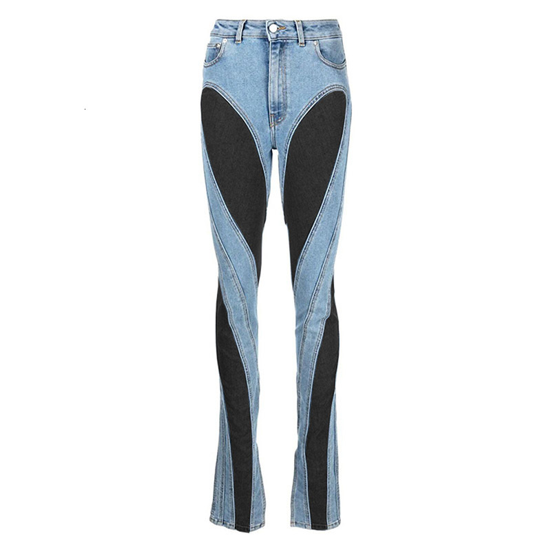 Womens Jeans Skinny Black Blue Spliced MidHigh Waist Casual Female Full Length Denim Pants 230530