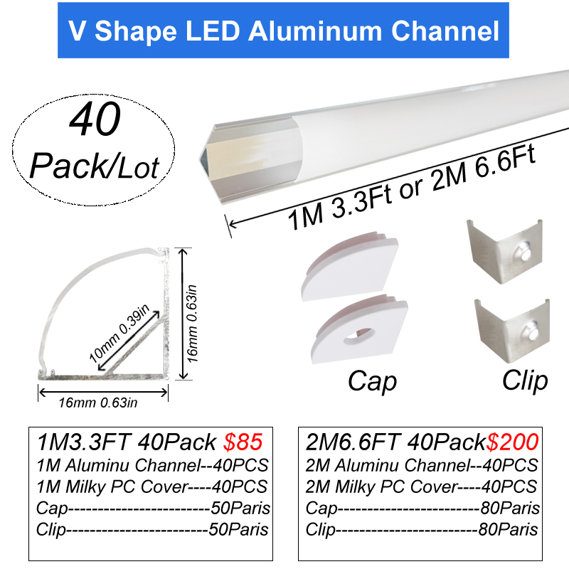 6.6FT/2M Silver LED Channel with Milky White LED Light Diffuser Shallow Design Super Wide Aluminum LED Track Extrusion for Waterproof, V-Shape Channel
