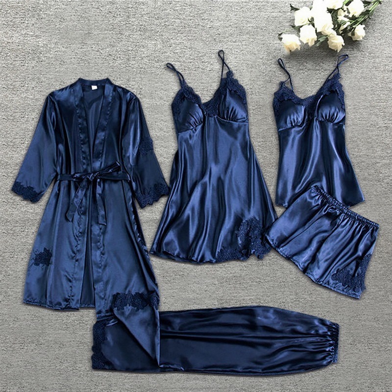 Satin Pyjama Set Womens: 5-Piece Lace Patchwork Nightwear Set - Rayon Robe, Ladies Cotton Pyjamas Sets, Wedding Nighty, Linen Pajamas Set Womens - view 4