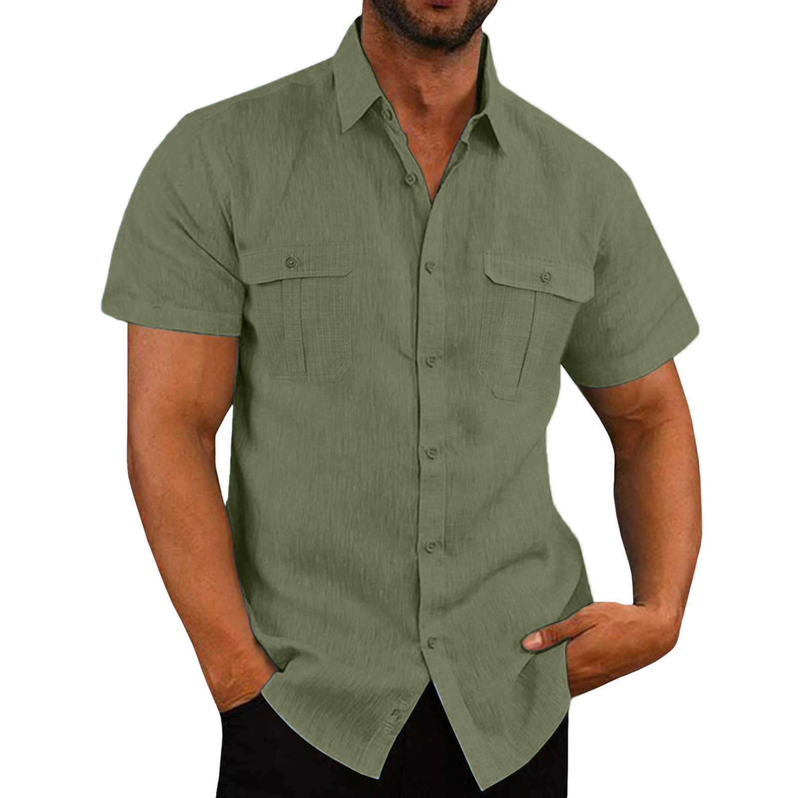 New 2023 Summer Simple Shirt Men's Solid Color Collar Hemp Cardigan Short Sleeve Loose Polo Neck Men's Shirt 546C7, Military green
New 2023 Summer Simple Shirt Men's Solid Color Collar Hemp Cardigan Short Sleeve Loose Polo Neck Men's Shirt 546C7, Military green