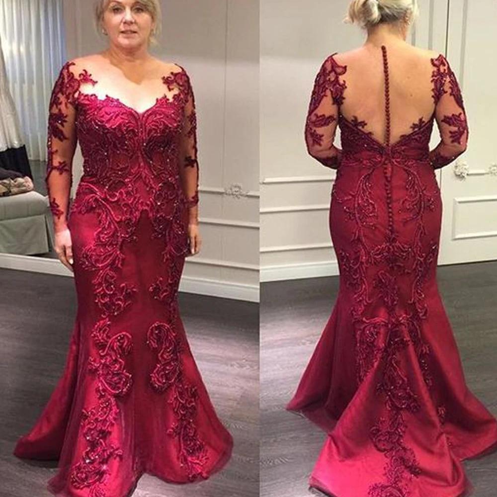 Sexy Mother Of The Bride Dresses Dark Red Mermaid Jewel Neck Illusion Long Sleeves Lace Appliques Crystal Beads Party Evening Wedding Guest Gowns