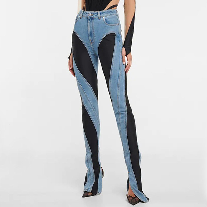 Womens Jeans Skinny Black Blue Spliced MidHigh Waist Casual Female Full Length Denim Pants 230530