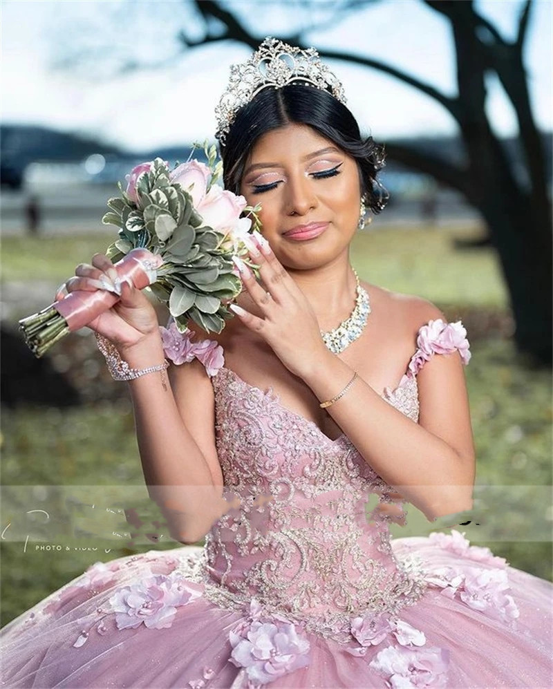 Pink Princess Ball Gown Quinceanera Dresses 3D Flowers Applique Pearls Sweet 16 Dress Birthday Vestidos De 15 Anos Lace-Up 322