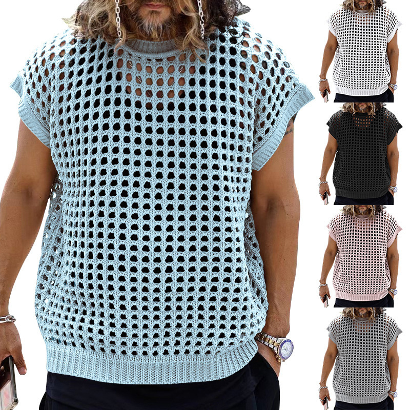 Men's Tank Tops Vintage Hollow Out Sleeveless Knit T Shirt Mens Summer Fashion Solid Loose O Neck Sleeveless Knitting Tank Tops Streetwear 230531