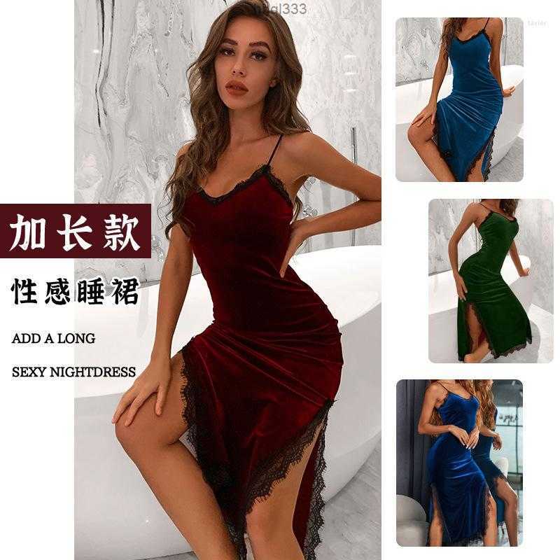 

3uaj Camisoles & Tanks Autumn/winter Sexy Deep v Pajamas Women' Long Halter Nightdress Velvet Lace Temptation Backless, Burgundy