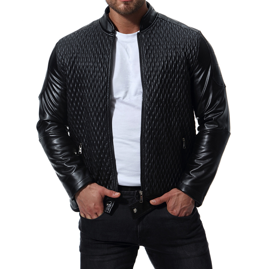 Casual plus size men polyester stand collar zipper red leather biker jacket