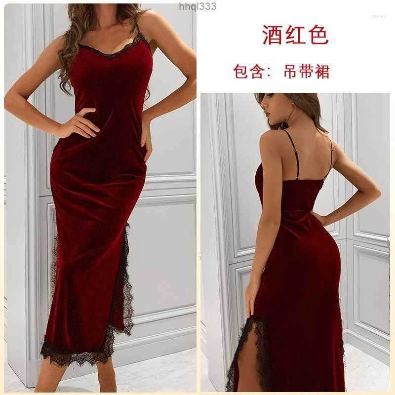 

Y8jv 3uaj Camisoles & Tanks Autumn/winter Sexy Deep v Pajamas Women' Long Halter Nightdress Velvet Lace Temptation Backless, Burgundy