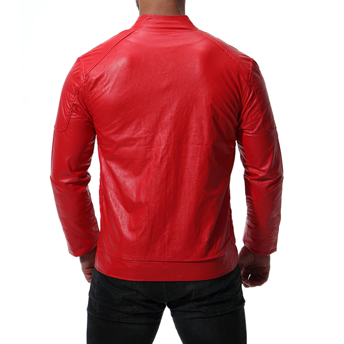 Casual plus size men polyester stand collar zipper red leather biker jacket