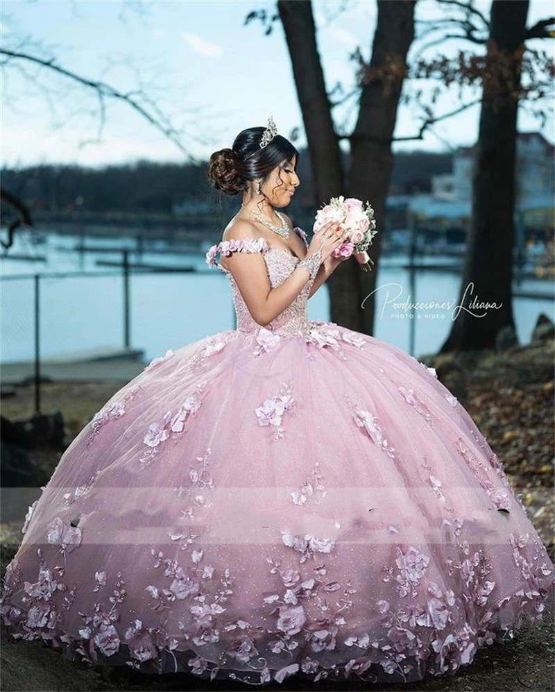 Pink Princess Ball Gown Quinceanera Dresses 3D Flowers Applique Pearls Sweet 16 Dress Birthday Vestidos De 15 Anos Lace-Up 322