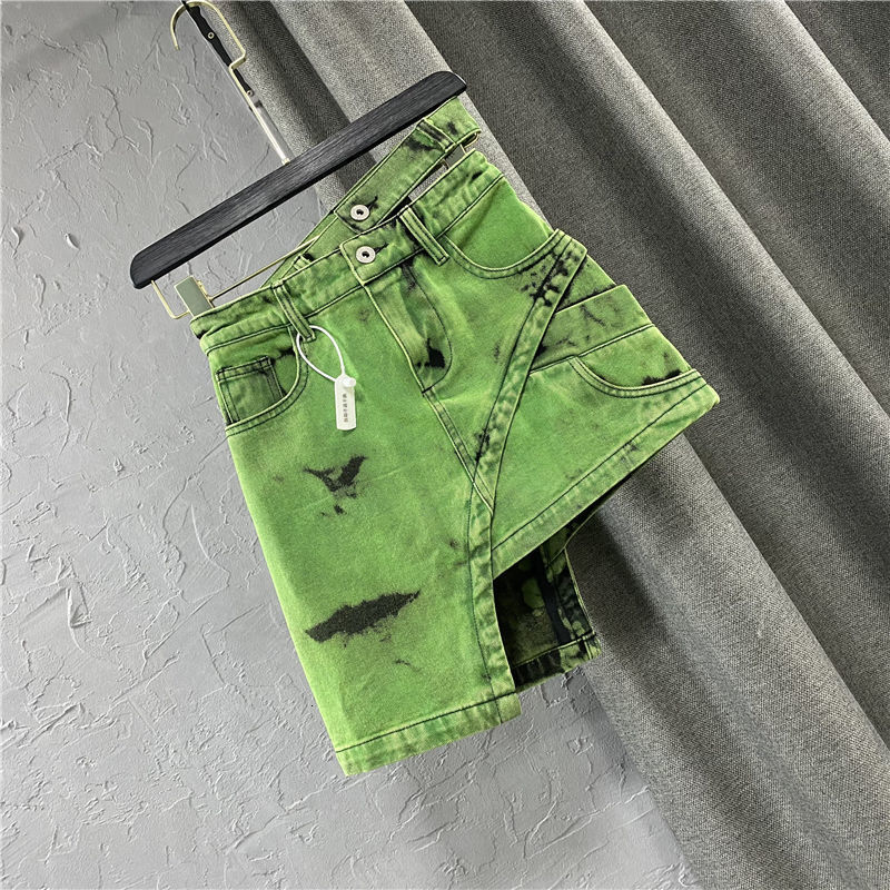 Skirts Asymmetric Sashes Tie Dye Streetwear Above Knee Denim Skirts Summer Botttom Skirts Fashion Y2k Women Jean Skirts High Waist 230530