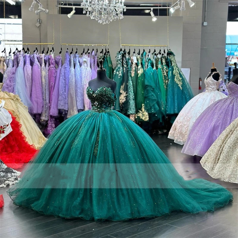 Green Modern Princess Emerald Quinceanera Dresses Crystals Appliques Vestidos De Anos Corset Dress For Years