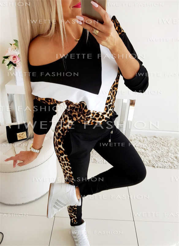 tracksuits 2pcs track and field suit sportswear fashion leopard panel sweatshirt pullovers drstring pants womens running set p230531