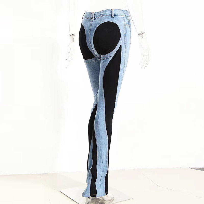 Womens Jeans Skinny Black Blue Spliced MidHigh Waist Casual Female Full Length Denim Pants 230530