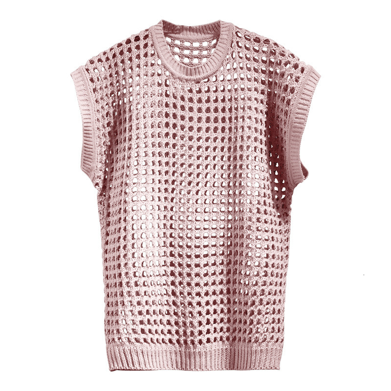Men's Tank Tops Vintage Hollow Out Sleeveless Knit T Shirt Mens Summer Fashion Solid Loose O Neck Sleeveless Knitting Tank Tops Streetwear 230531