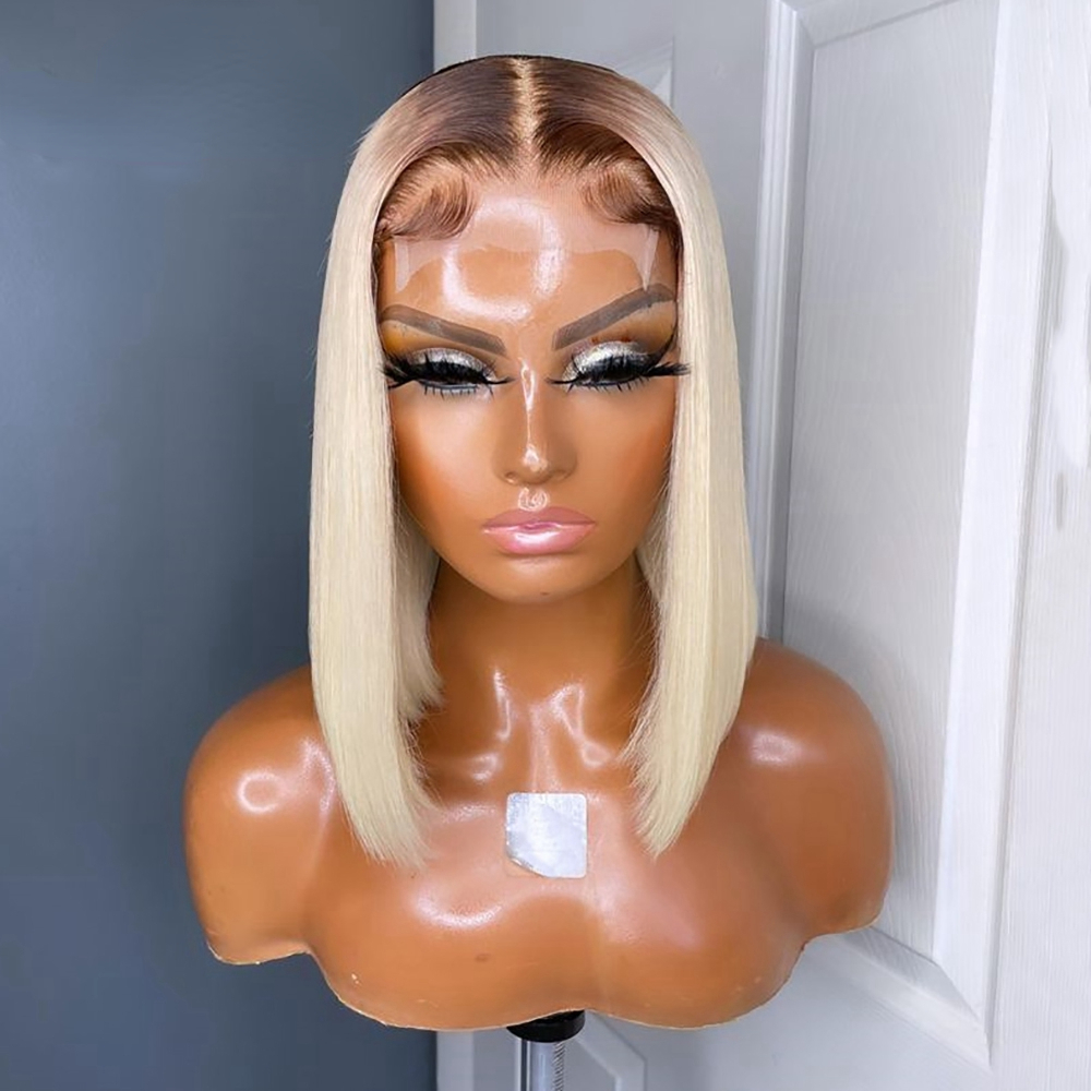 Free shipping New Ombre Honey Blonde Brazilian Hair 13x4 Lace Front Short Bob Wig Transparent Pixie Cut 613 Synthetic Frontal Wigs For Women