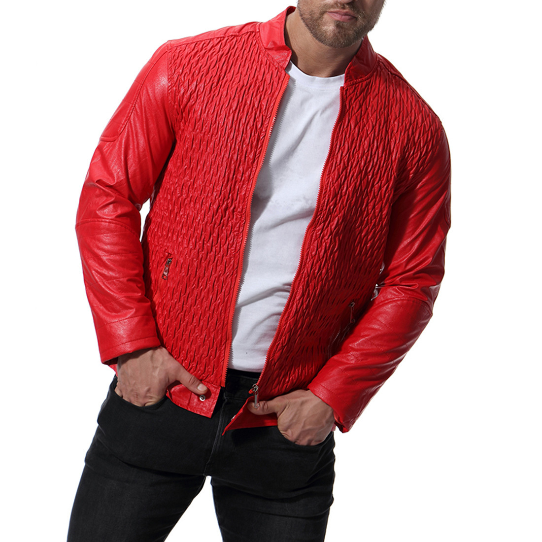 Casual plus size men polyester stand collar zipper red leather biker jacket