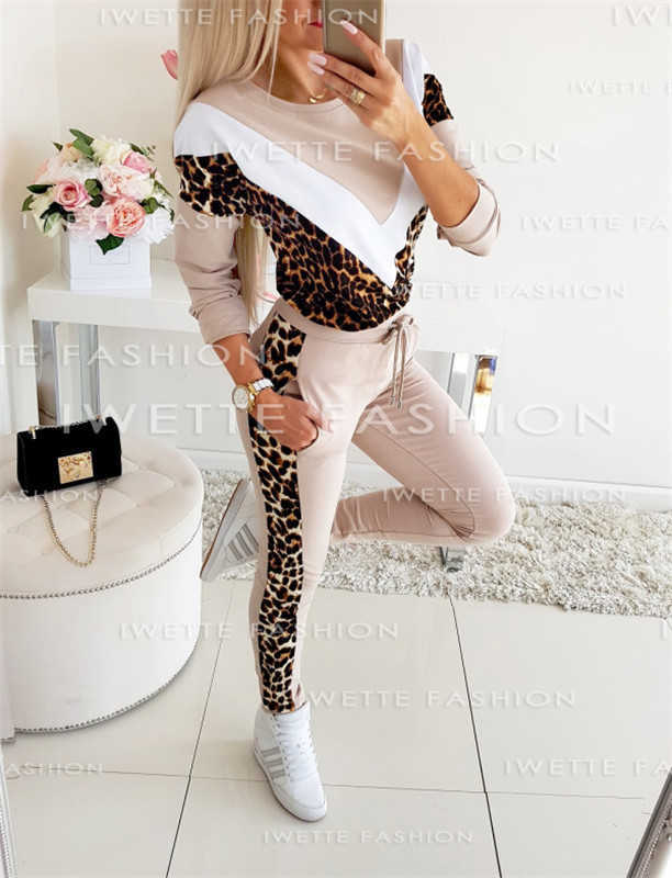 tracksuits 2pcs track and field suit sportswear fashion leopard panel sweatshirt pullovers drstring pants womens running set p230531