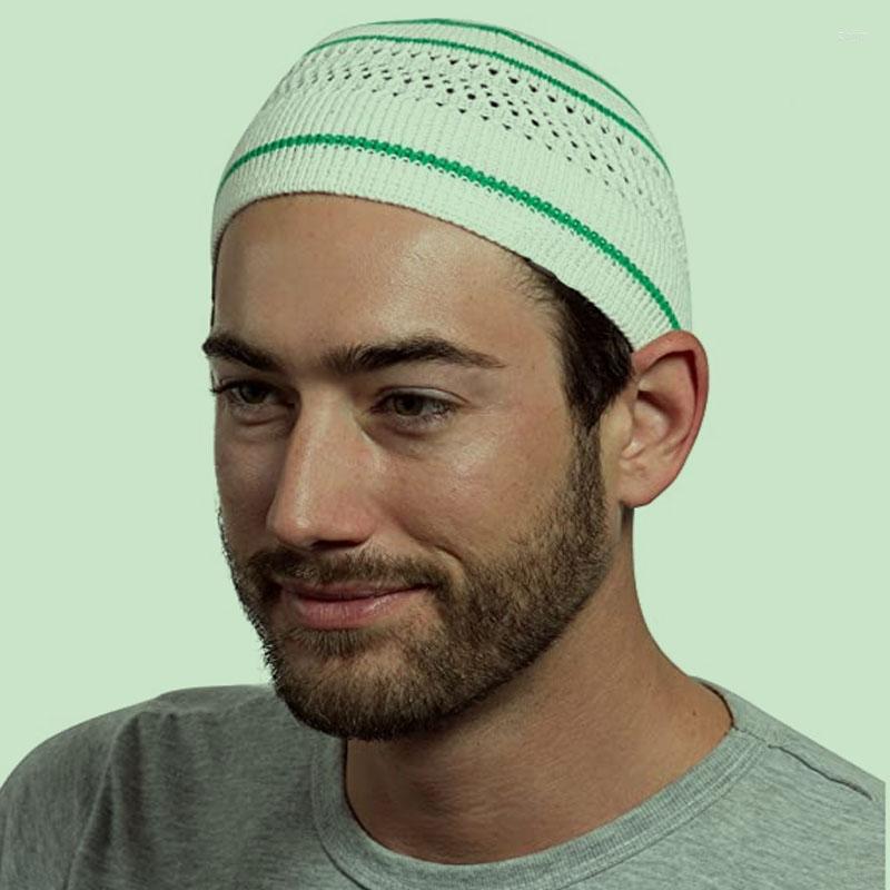 

Berets Knitted Beanie Hat Turkish Muslim Men Women Islamic Kufi Breathable Prayer Cap Saudi Arabia Black White Men's Skull Caps