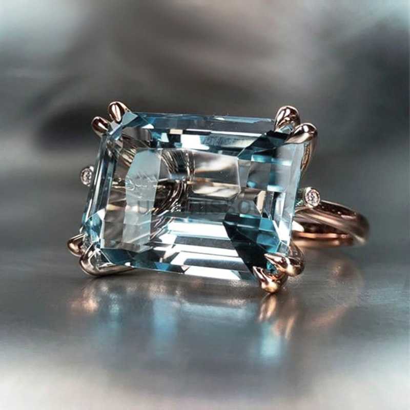 Band Rings 4 Claw Aquamarine Sapphire Natural Stone Rings for Women Horizontal Rectangular Ring Wedding Party Jewelry Gift Anillos Mujer J230531