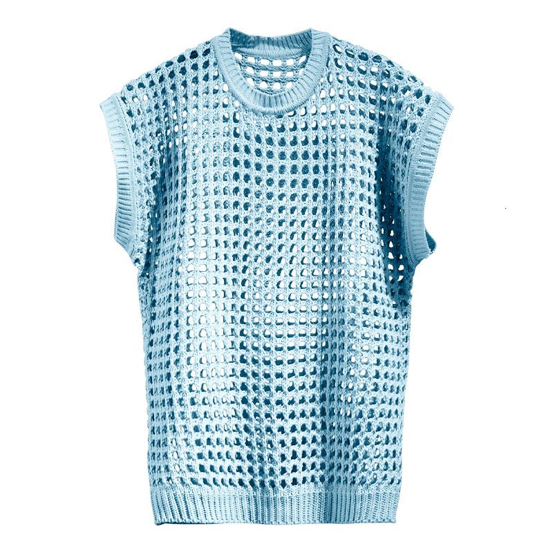 Men's Tank Tops Vintage Hollow Out Sleeveless Knit T Shirt Mens Summer Fashion Solid Loose O Neck Sleeveless Knitting Tank Tops Streetwear 230531