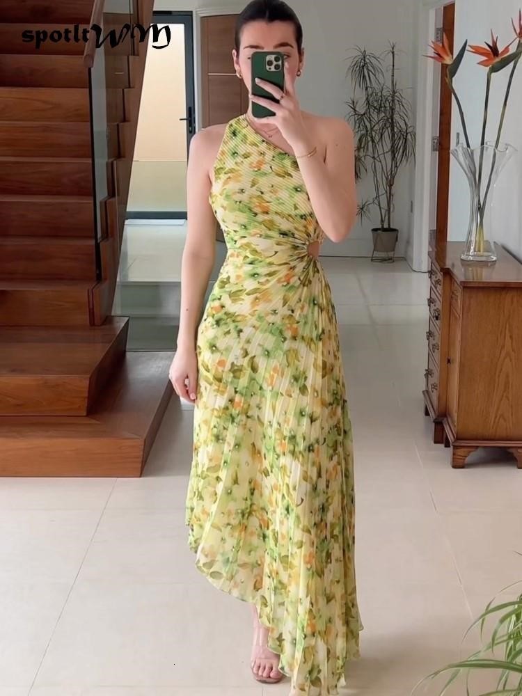 Basic Casual Dresses Elegant One Shoulder Pleated Diagonal Collar Maxi Dresses Women Backless Sleeveless Irregular Dress Ladies Chic Evening Vestidos 